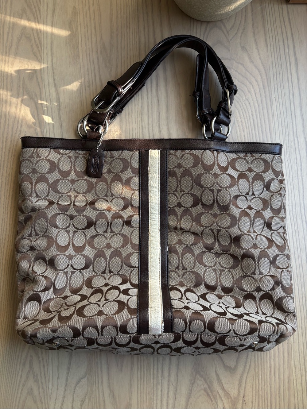 Vintage Coach Signature Stripe Tote Bag in Brown